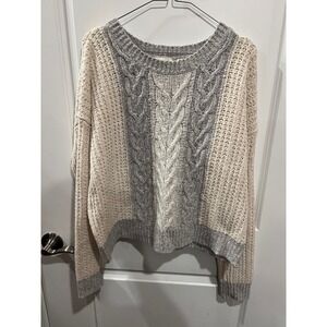 Sleeping on Snow Womens Sweater Cable Knit Colorblock Cream Grey Size L